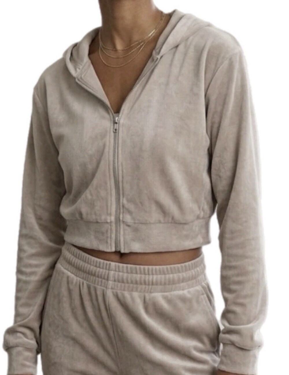 H&M Women’s Sz Lg Champagne Velour Cropped Zip-Up Hoodie Sweatshirt Athleisure